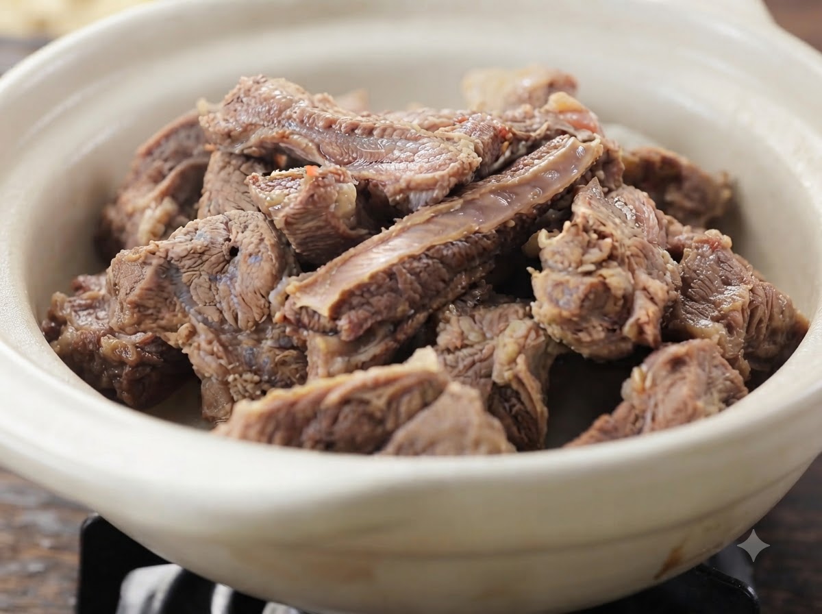 하얀 세라믹 그릇 안에 듬뿍 쌓인 부드럽게 익은 소갈비 조각들의 클로즈업.