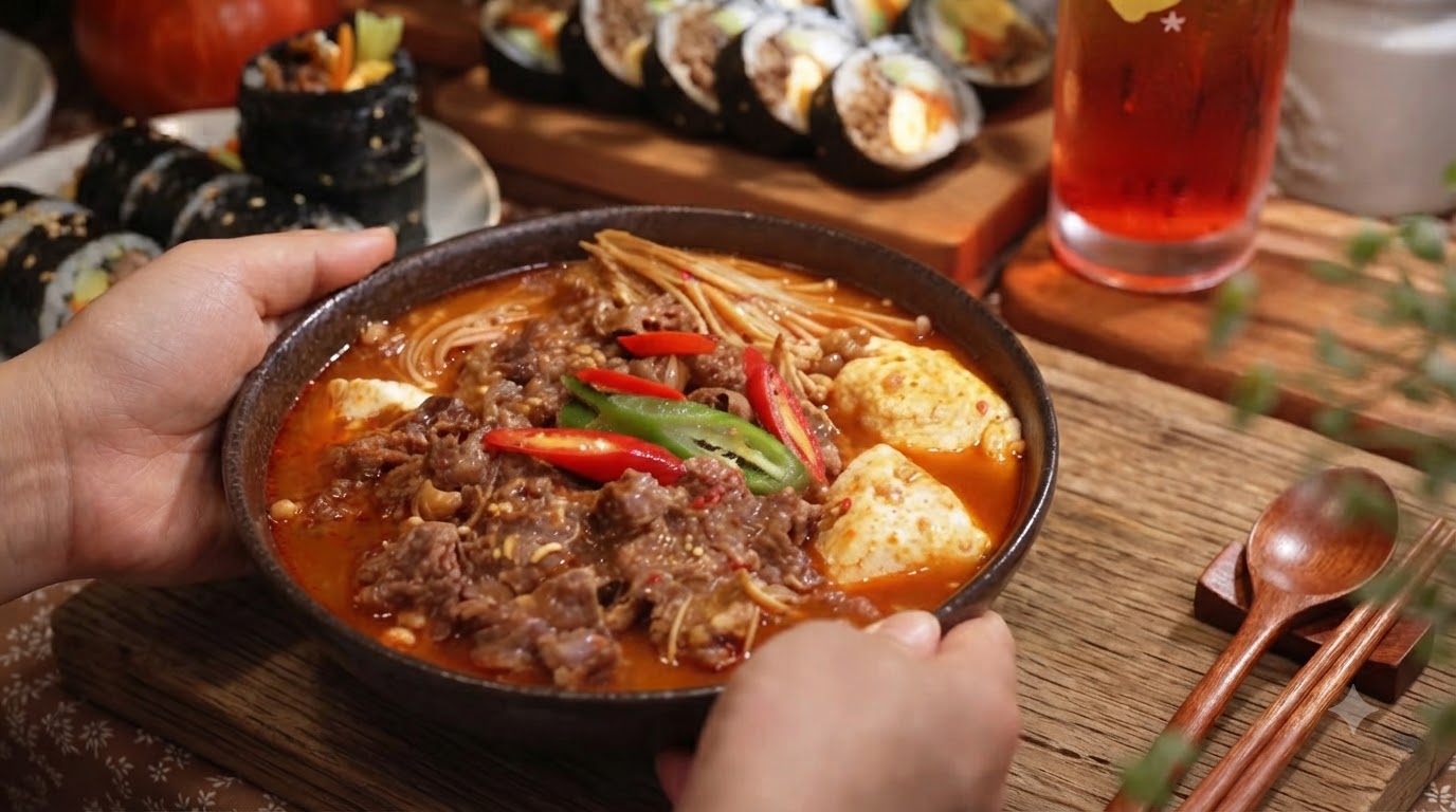 얼큰한 소고기 두부 찌개와 데리야키 소고기 김밥, 선셋 맥주 세트