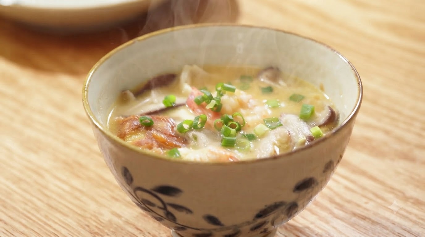 진한 우유빛 삼선 버섯 새우국