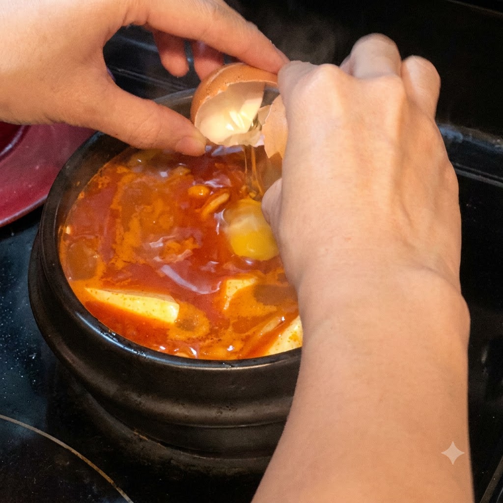 순두부와 버섯이 들어 있는 끓는 빨간 국물 중앙에 달걀이 깨어져 들어가는 모습.