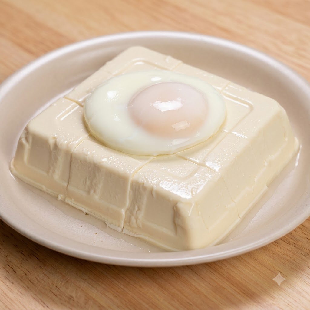 접시에 담긴 네모나게 썬 연두부 블록 위에 반숙란이 얹혀 있는 모습.