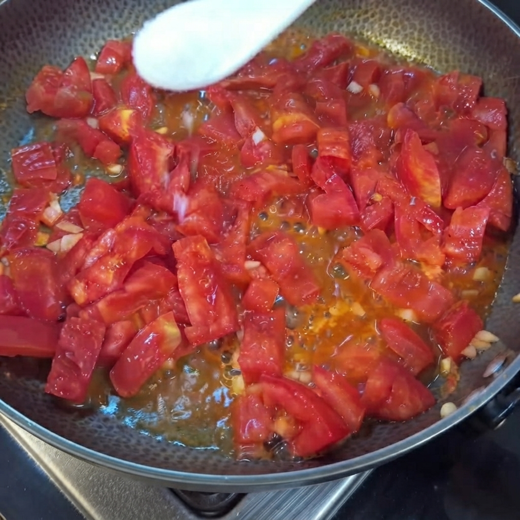 팬에서 조리 중인 썰어둔 붉은 토마토 위로 소금을 뿌리고 있는 하얀 숟가락.