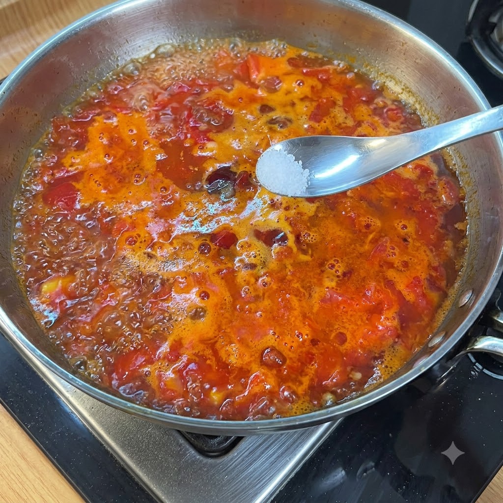 금속 냄비 안에서 끓고 있는 붉은 토마토 국물 위로 소금을 들고 있는 숟가락.