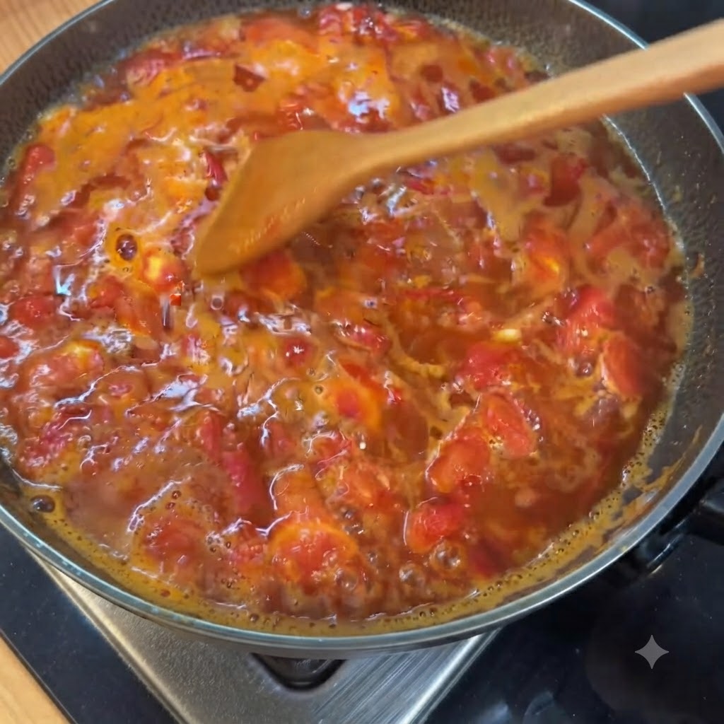 보글보글 끓는 토마토 국물 냄비에 한 줌의 신선한 팽이버섯을 넣고 있는 모습.