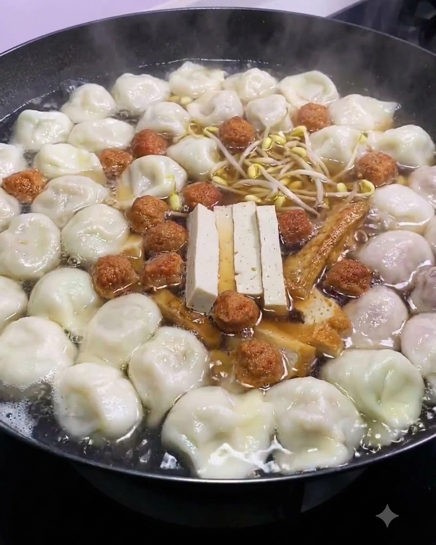 만두, 두부, 고기완자가 가득한 냄비 중앙에 신선한 노란 숙주나물이 놓인 모습.