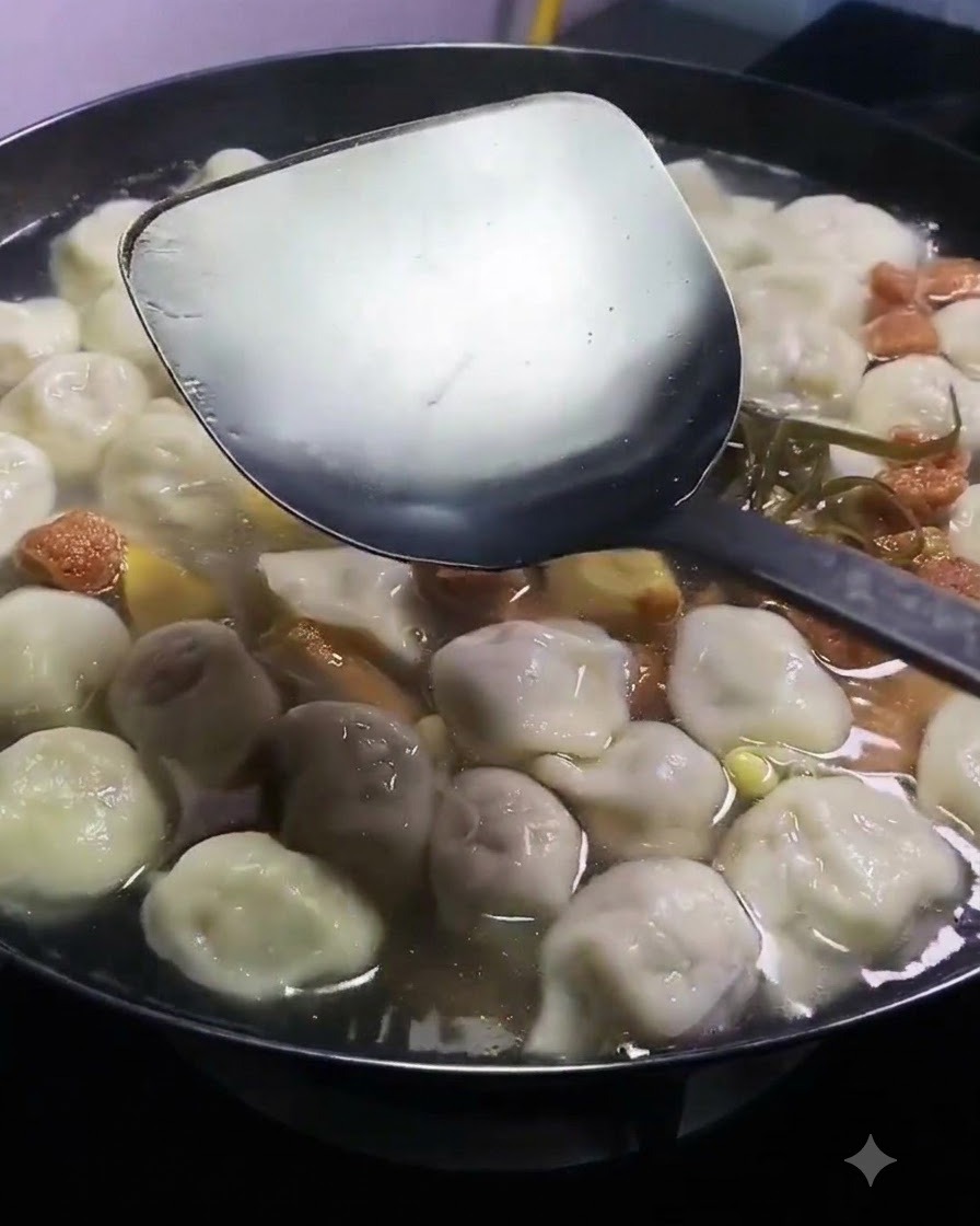 만두, 고기, 두부가 가득 끓는 냄비에 국자로 진간장을 붓는 모습.