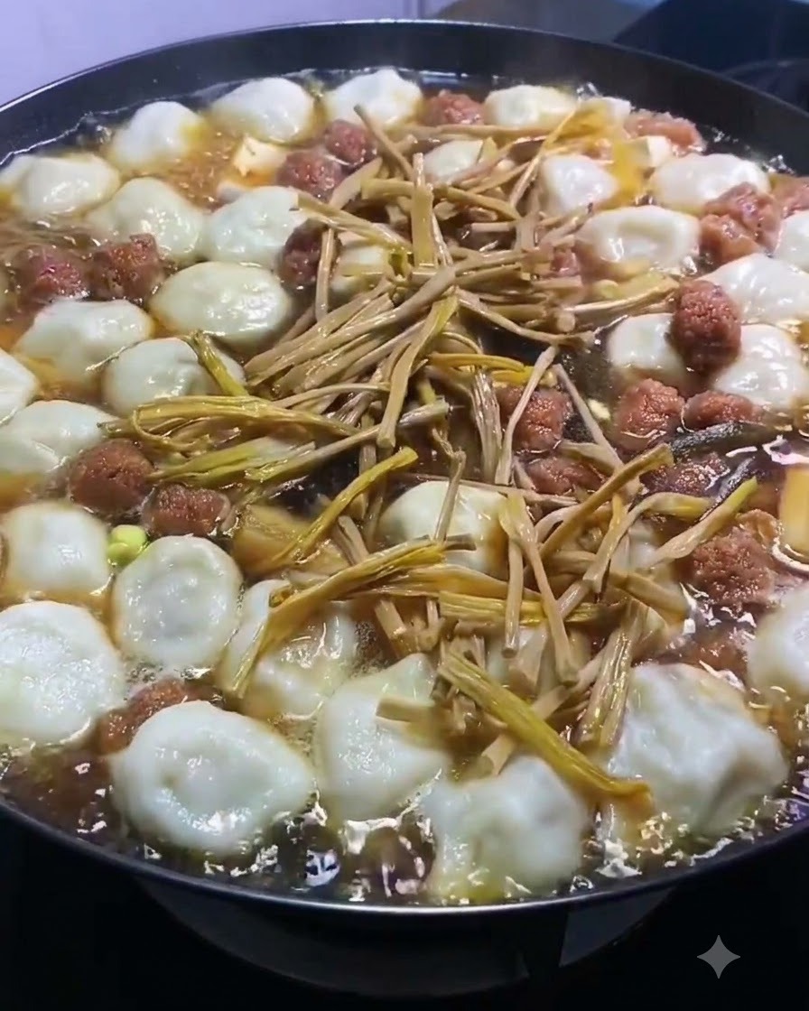 끓고 있는 만두와 수프 재료 위에 말린 원추리나물이 흩뿌려진 모습.