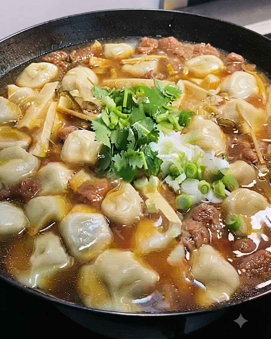 조리된 만두국 위에 잘게 썬 신선한 고수와 쪽파를 얹은 모습.