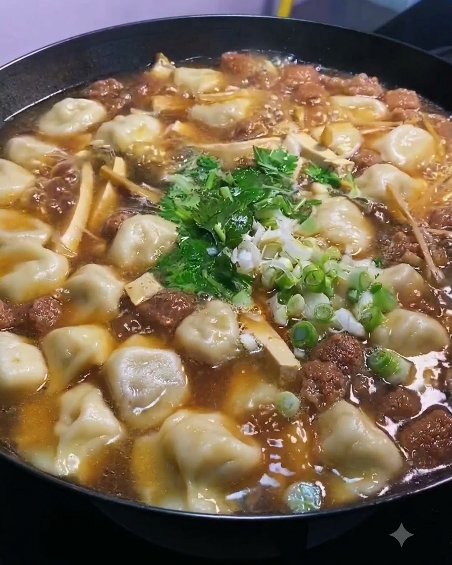 뜨거운 국물 표면 위로 참기름 몇 방울이 떨어지는 모습.