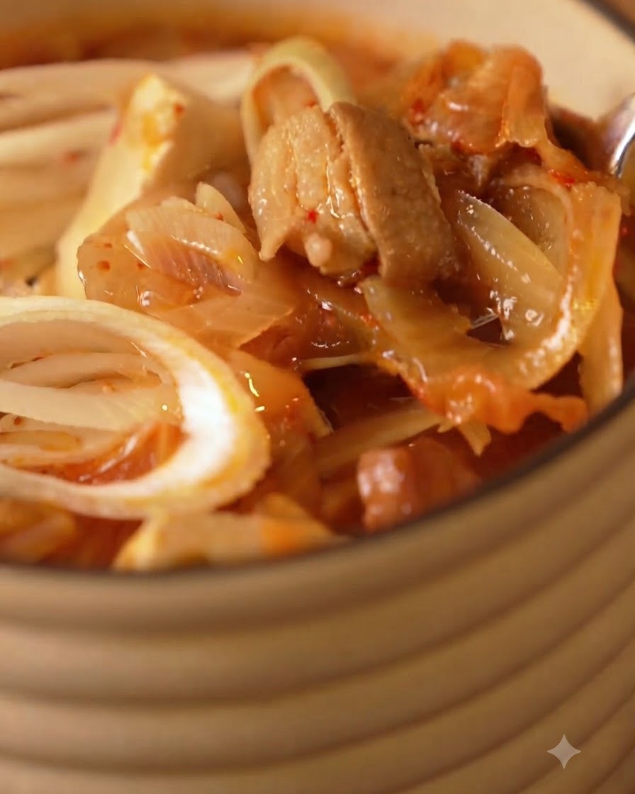 서빙 그릇 안에 양파, 두부, 돼지고기가 들어간 얼큰한 김치찌개의 클로즈업 샷.