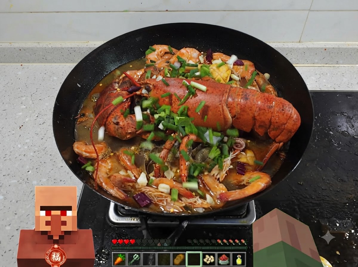 잘게 썬 파를 듬뿍 얹어 조리된 랍스터, 새우, 해산물로 가득 찬 큰 웍.