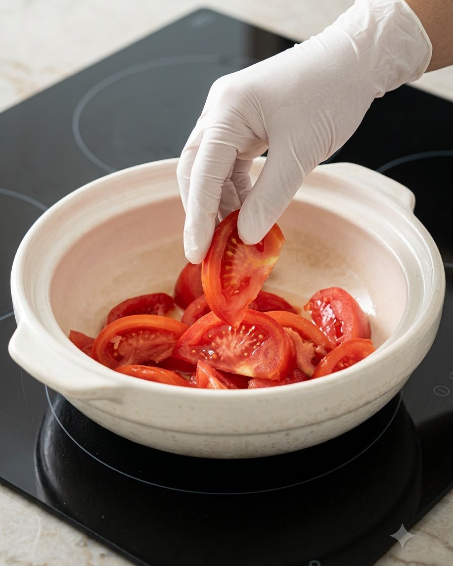 하얀 세라믹 냄비 바닥에 토마토를 평평하게 깔고 있는 모습.
