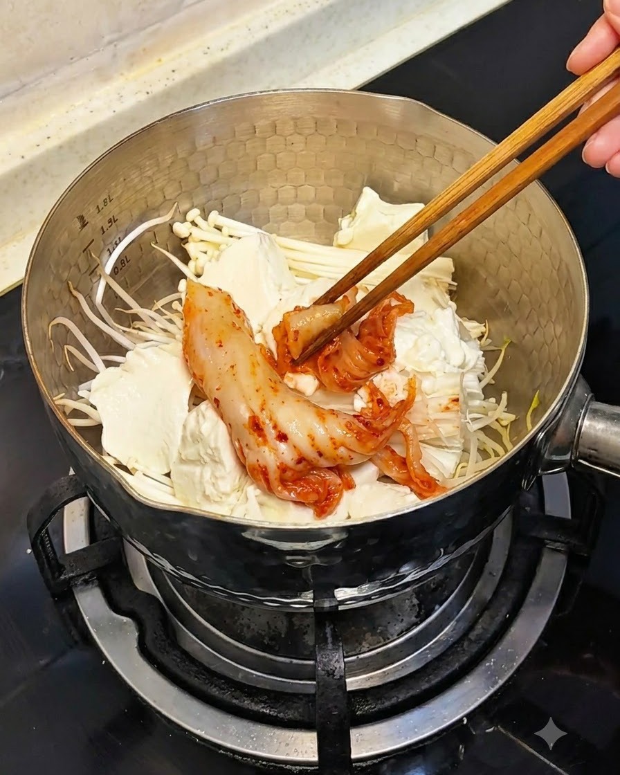 젓가락으로 두부와 버섯 위에 붉은색 익은 김치 조각을 올리는 모습.