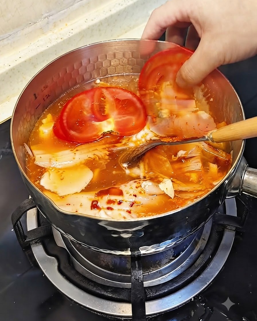 보글보글 끓는 붉은 국물 속에 두툼한 생토마토 두 조각을 넣는 모습.