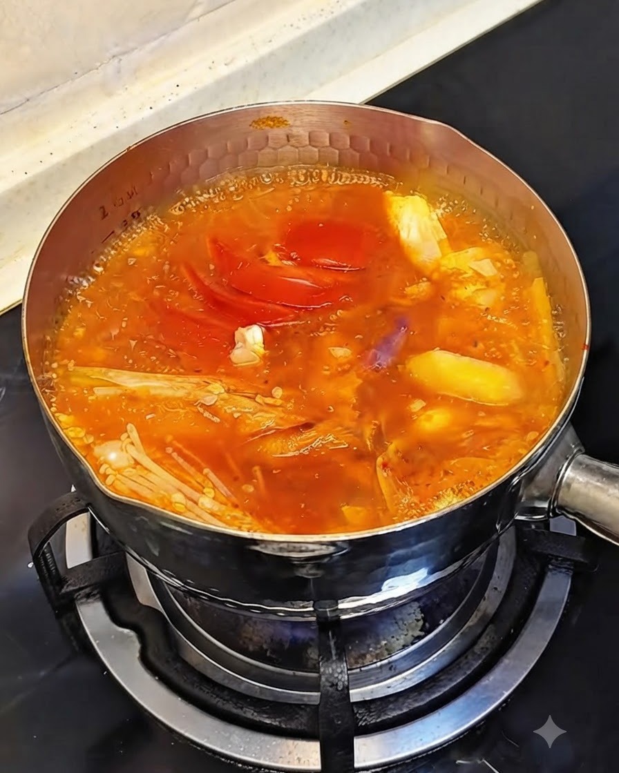 보글보글 끓는 매콤한 찌개 속에서 익어가는 생새우의 모습.