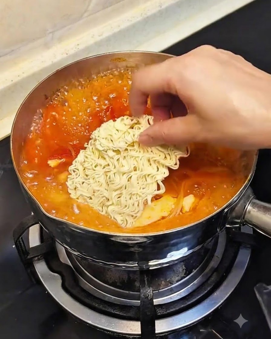 끓는 찌개 냄비 정중앙에 사각 모양의 건조 라면 사리를 넣는 모습.
