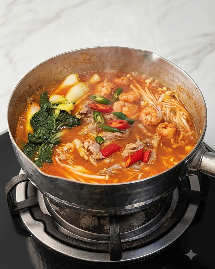 조리 중인 찌개 위에 얇게 썬 홍고추와 청고추 동그라미를 뿌리는 모습.
