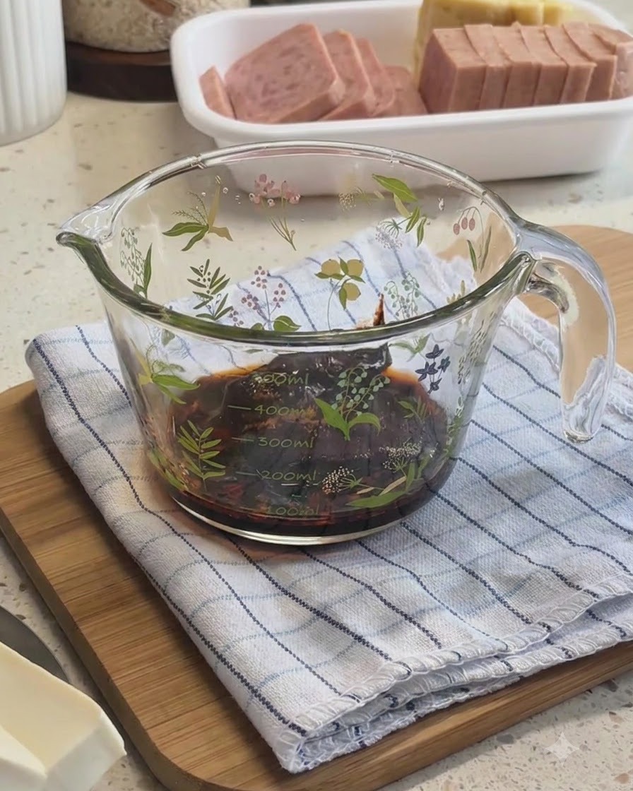 유리 계량컵 안에서 찌개 양념 베이스를 만들기 위해 재료들이 섞이고 있는 모습.