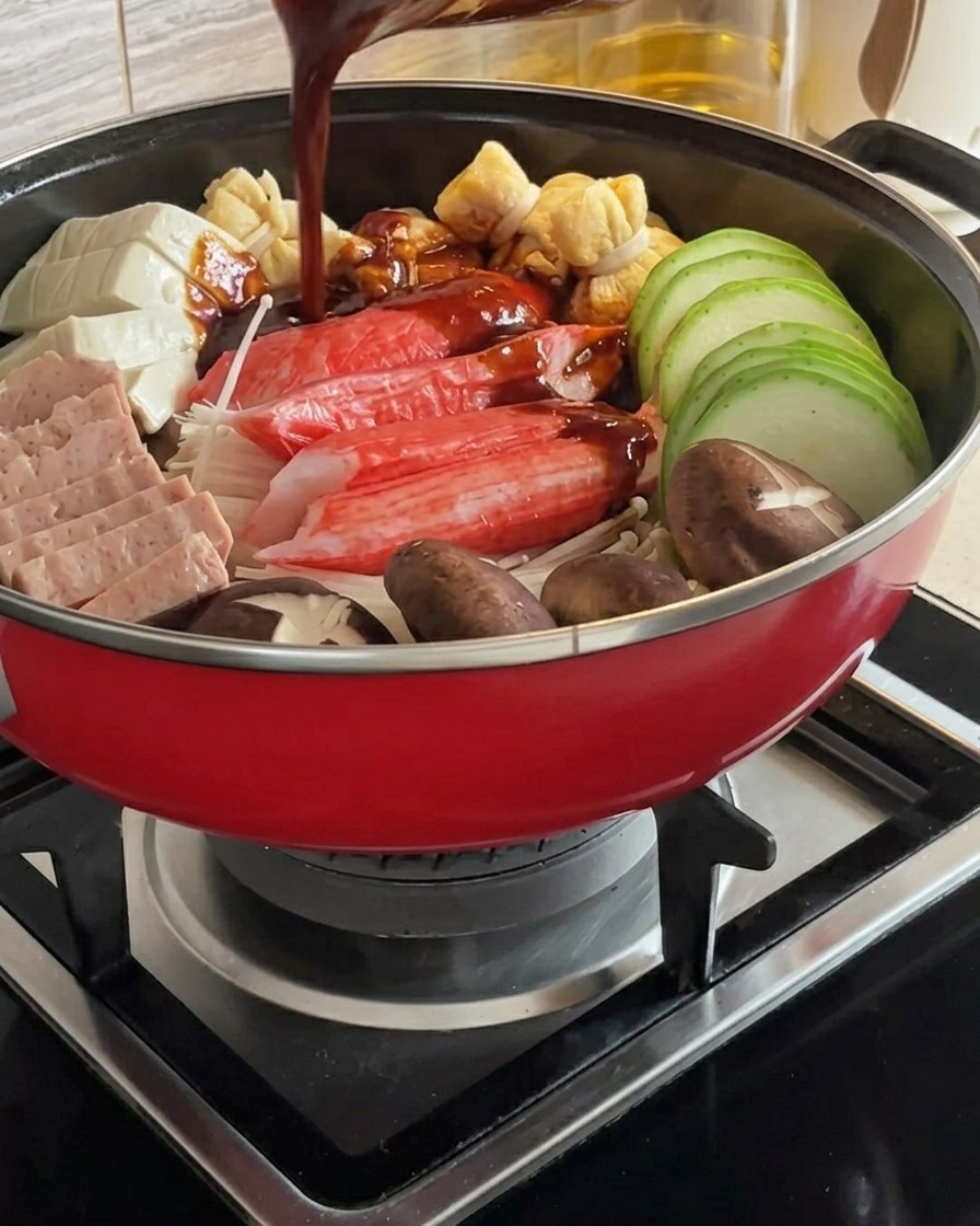 찌개 냄비에 담긴 재료 위로 진한 붉은색의 양념장이 부어지는 모습.