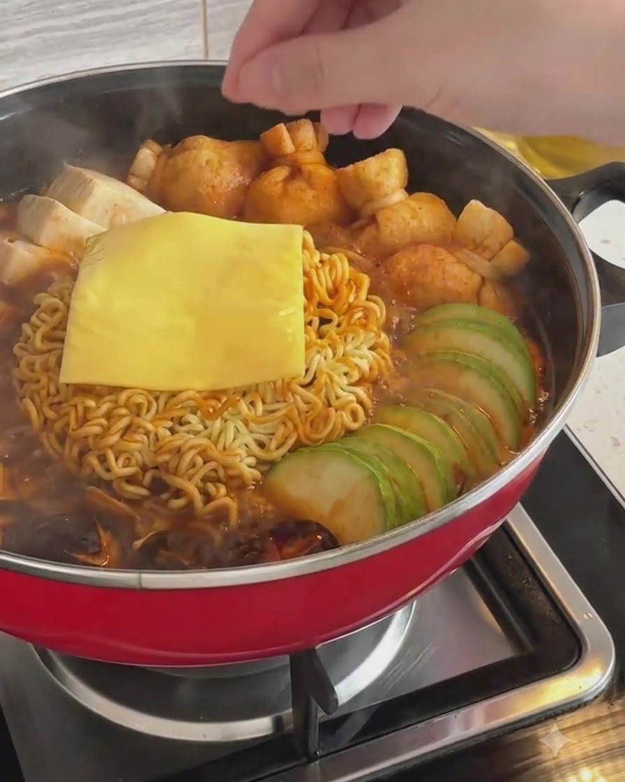 냄비 안의 라면 면발과 재료들 위에 노란 치즈 사각형 한 장이 얹어져 있는 모습.