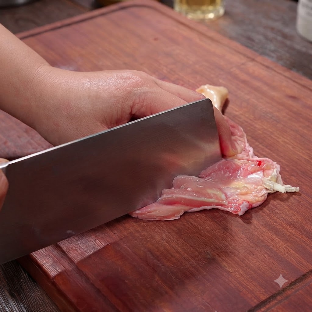 나무 도마 위에서 뼈를 발라낸 닭다리살 안쪽에 식칼로 얕게 칼집을 내는 모습