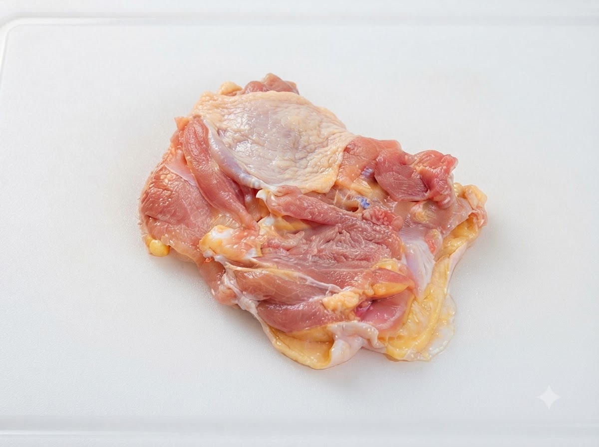 하얀 도마 위에 나란히 놓여 두드릴 준비가 된 뼈 제거된 닭다리.