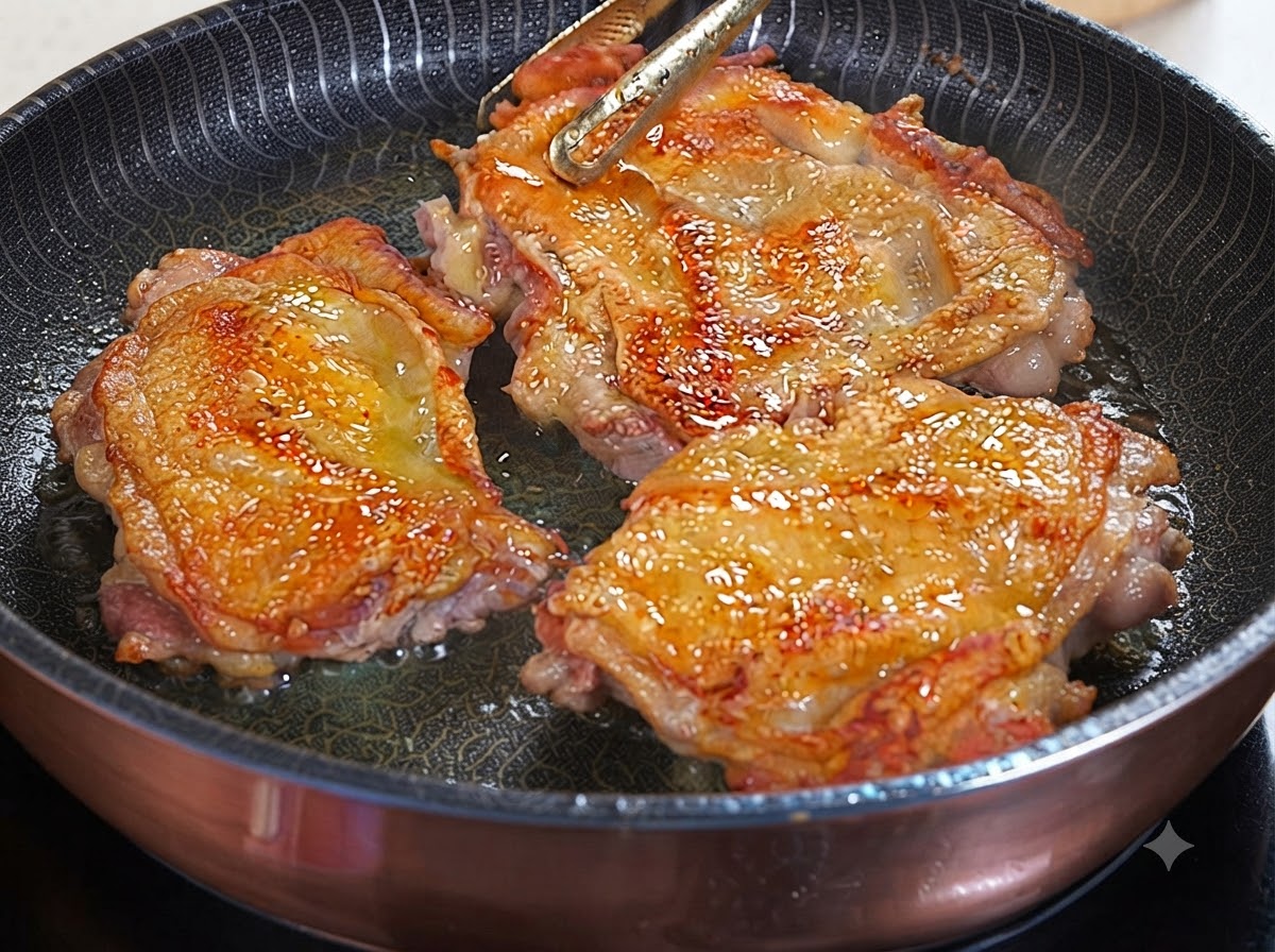 팬에서 지글지글 구워지는 노릇한 닭다리 3개 위로 데리야키 소스가 부어지는 모습.