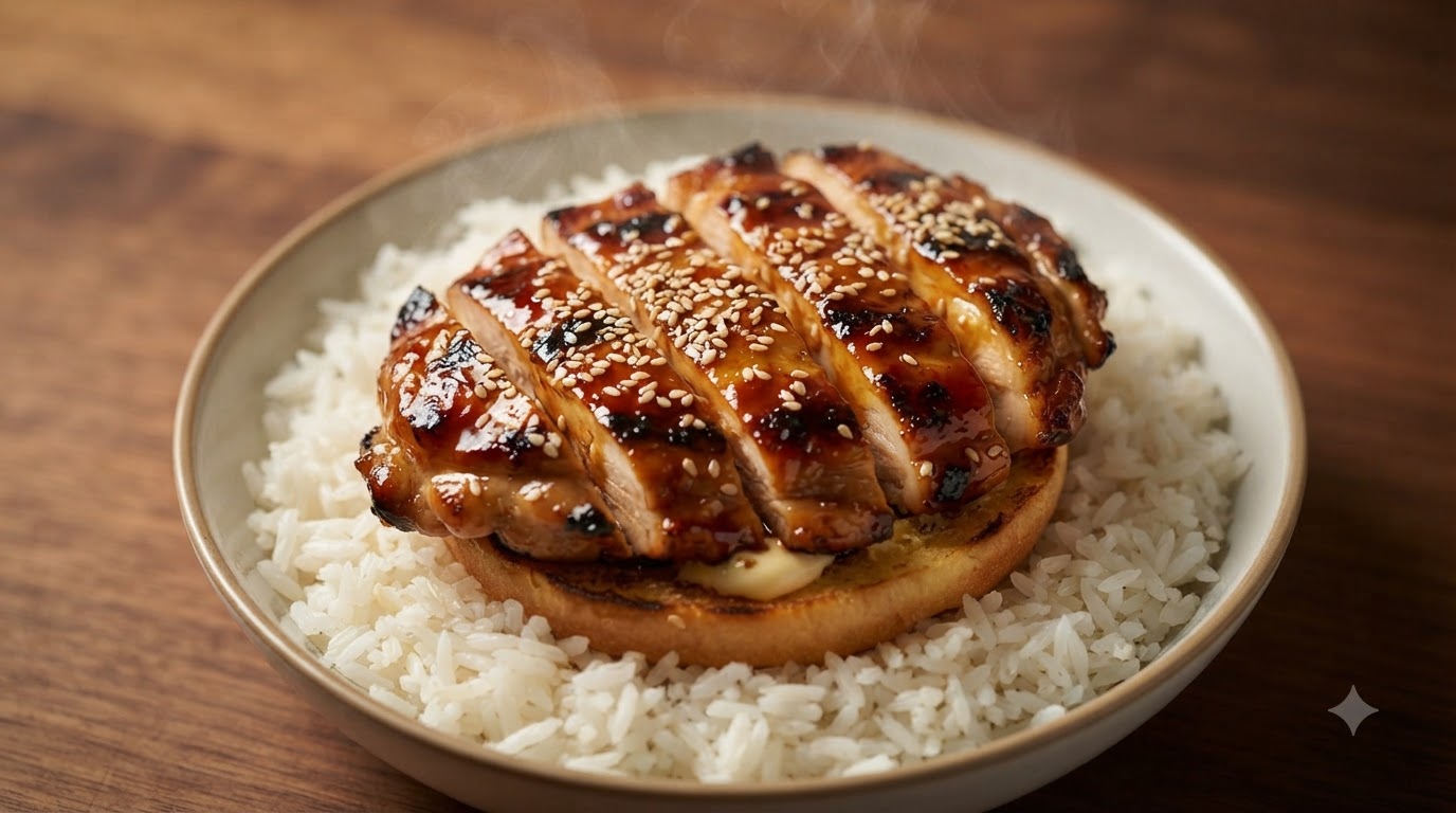 완벽하게 글레이즈된 데리야끼 치킨 다리를 썰어 구운 빵과 흰쌀밥 위에 얹은 모습.