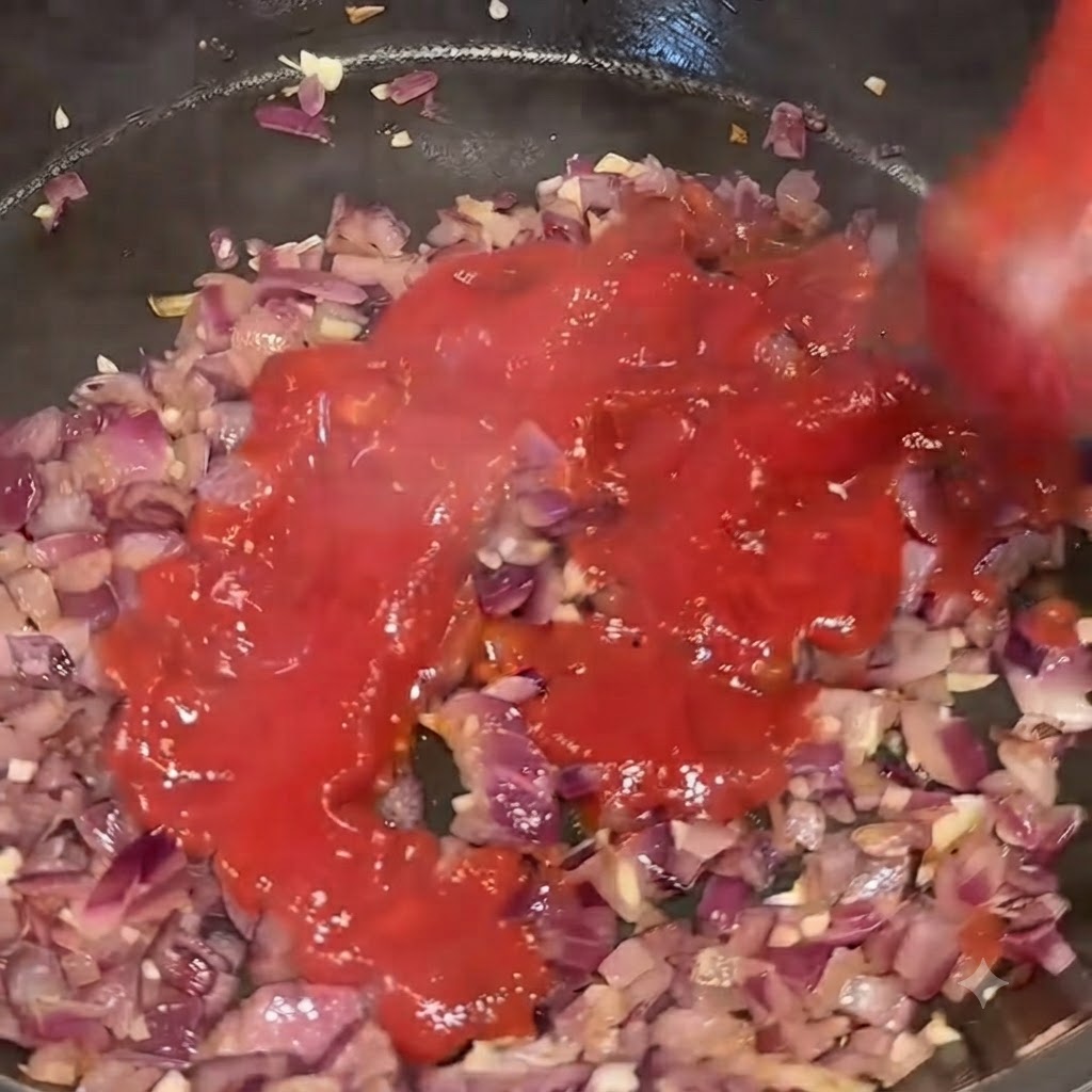 익힌 양파와 마늘이 담긴 팬 위로 붉은 토마토 퓨레를 직접 붓는 모습.