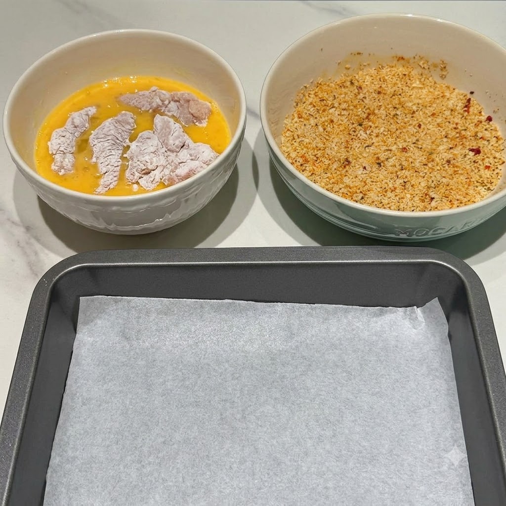 닭고기가 담긴 달걀물 그릇 옆에 양념된 빵가루 그릇과 빈 베이킹 트레이가 놓인 모습.