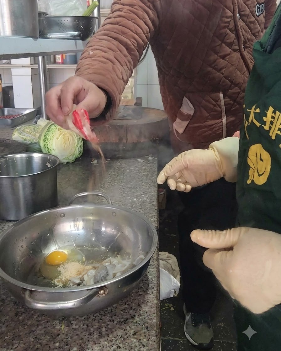 손으로 붉은빛이 도는 시즈닝 가루를 달걀과 버섯 조각이 담긴 볼에 뿌리고 있는 모습.