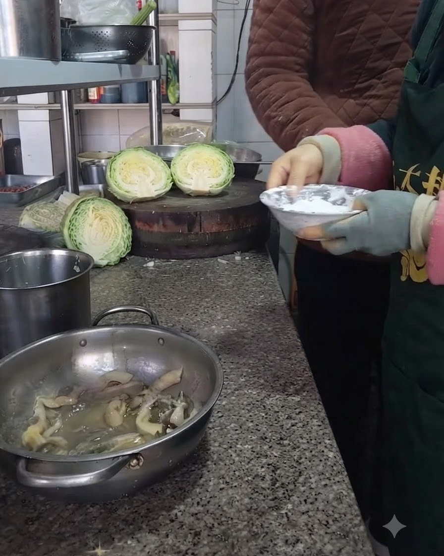 준비된 버섯 양념에 작은 그릇의 밀가루를 더하는 모습.