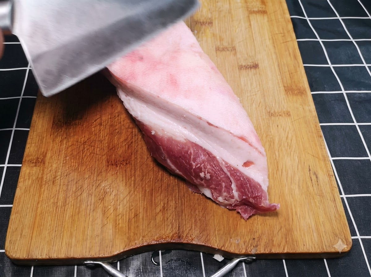 나무 도마 위에 놓인 두툼한 생고기 덩어리의 바깥쪽 지방층을 큰 칼로 조심스럽게 다듬는 모습.