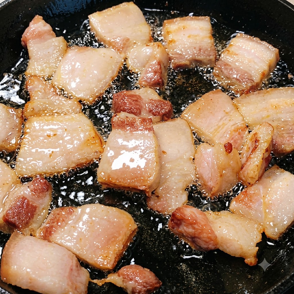 기름이 우러나온 웍 안에서 얇은 살코기 조각들이 볶아지며 갈색빛을 띠는 모습.