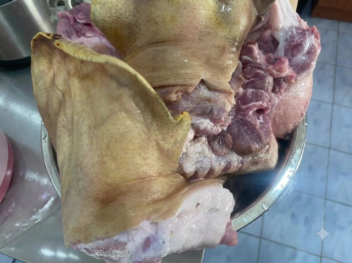 조리대 위 금속 볼 안에 담긴 큼직한 생돼지 머리고기 조각들.