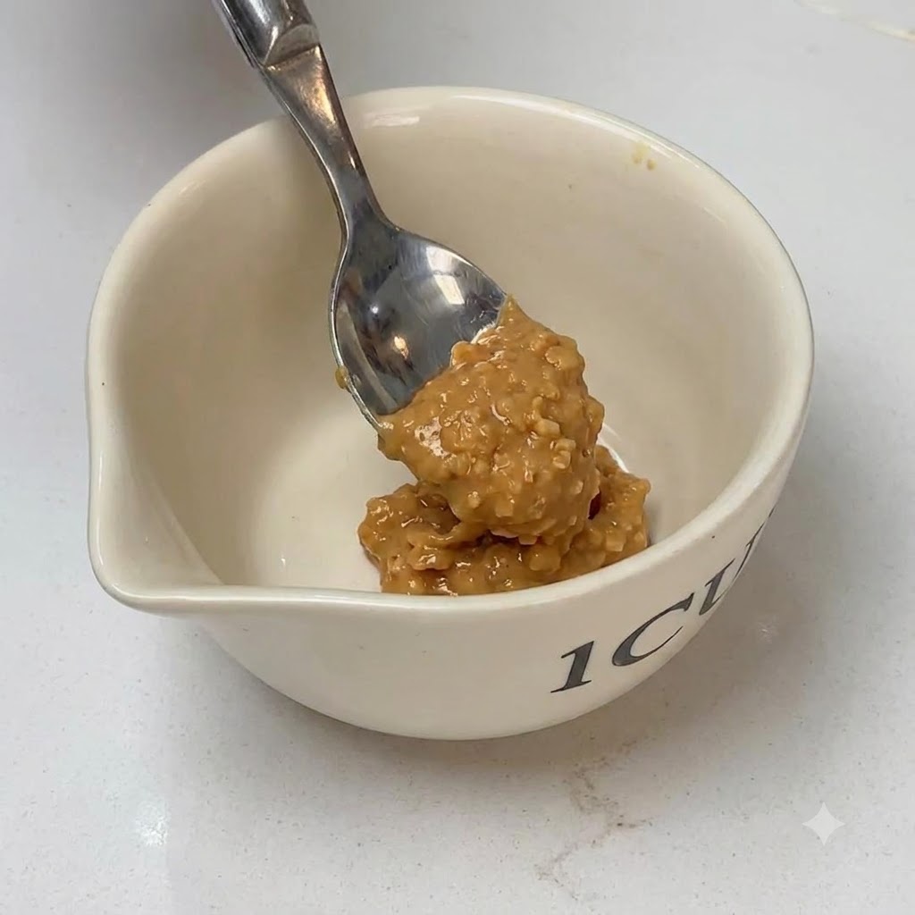 작은 하얀 볼에 크런치 피넛버터, 꿀, 칠리 오일, 물을 넣고 섞는 모습