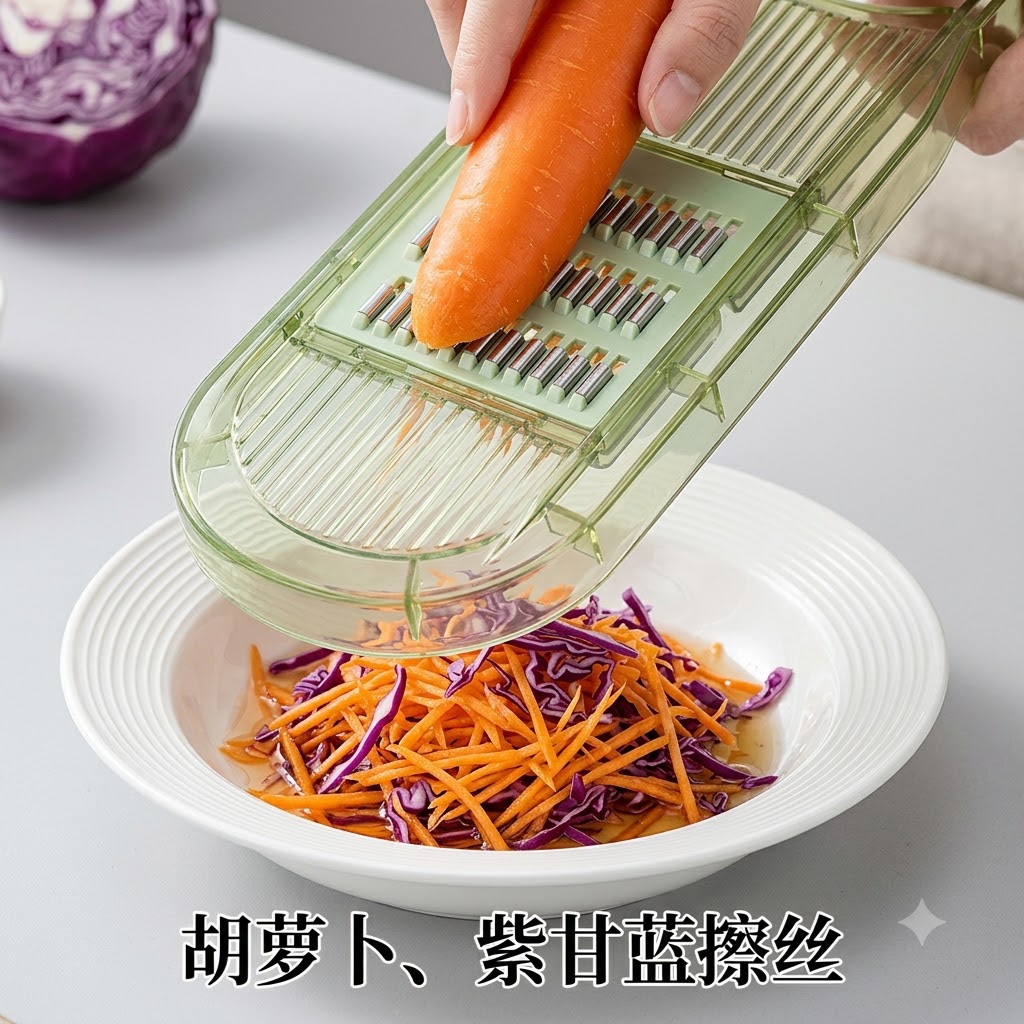 채칼과 도마를 이용해 당근과 적채를 하얀 볼에 채 썰어 담는 모습