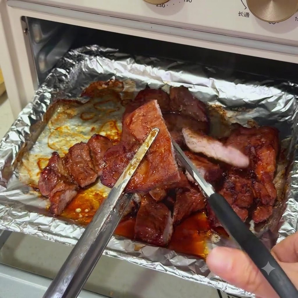 주방 가위로 한 입 크기로 썰리는 구운 돼지고기, 촉촉한 분홍빛 단면이 보임.