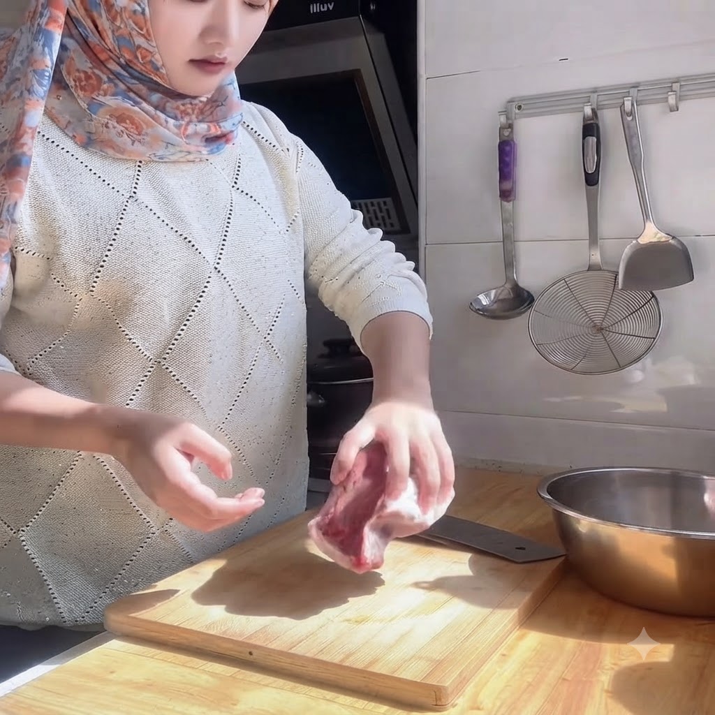 나무 도마 위에서 식칼을 사용해 생고기 안심을 얇게 썰고 있는 사람의 손.