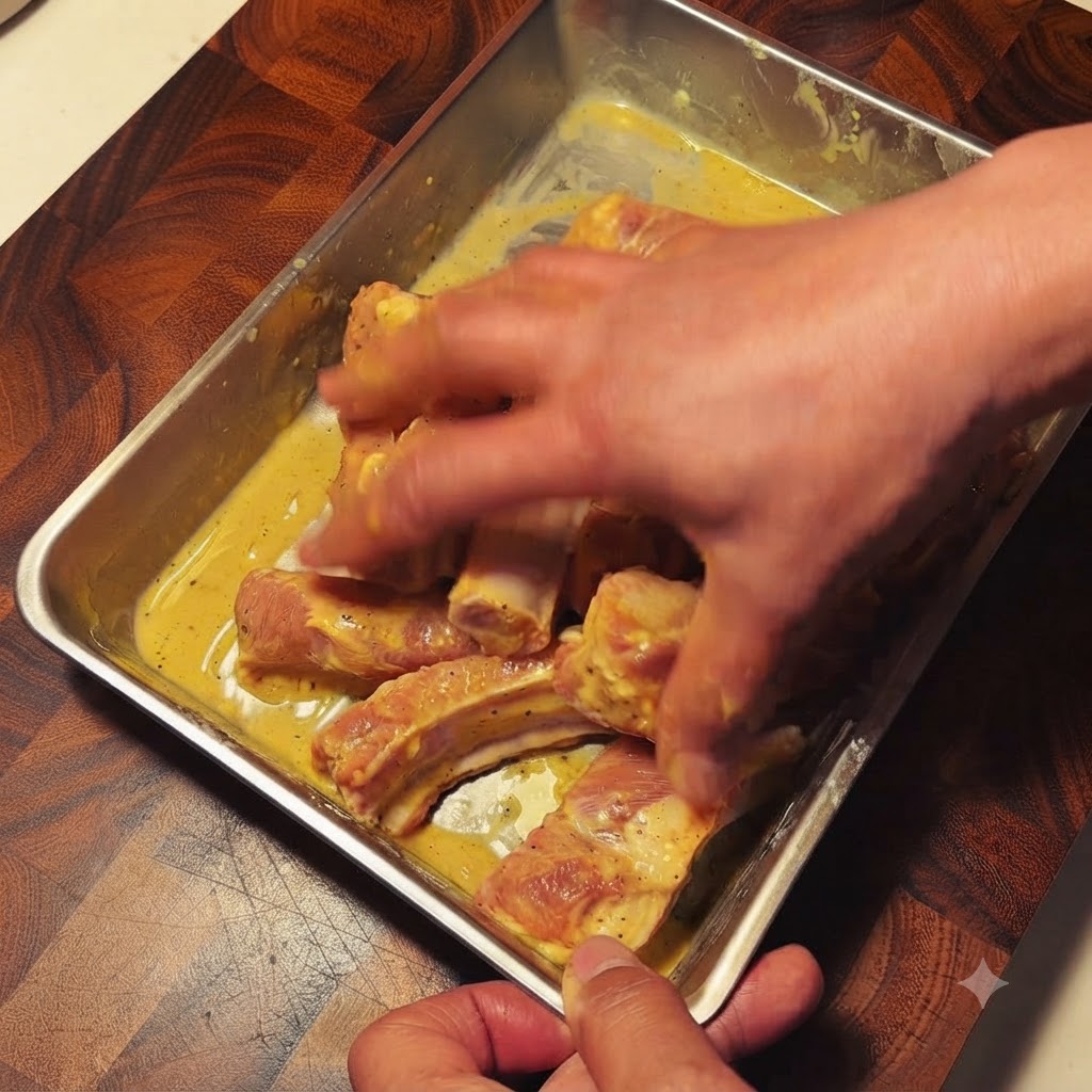 손으로 돼지갈비와 시즈닝 및 재료들을 골고루 섞는 모습.