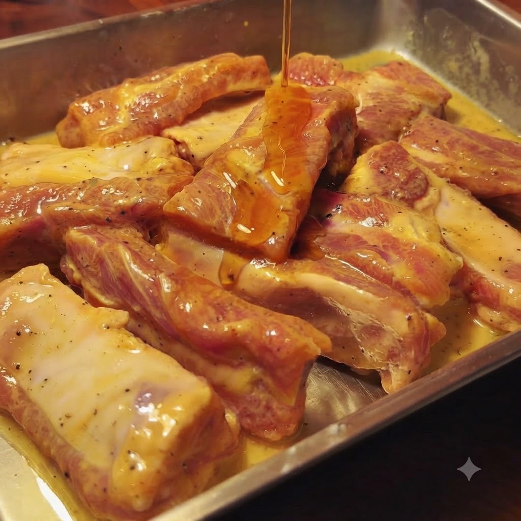 양념된 돼지갈비 위에 참기름을 붓는 모습.
