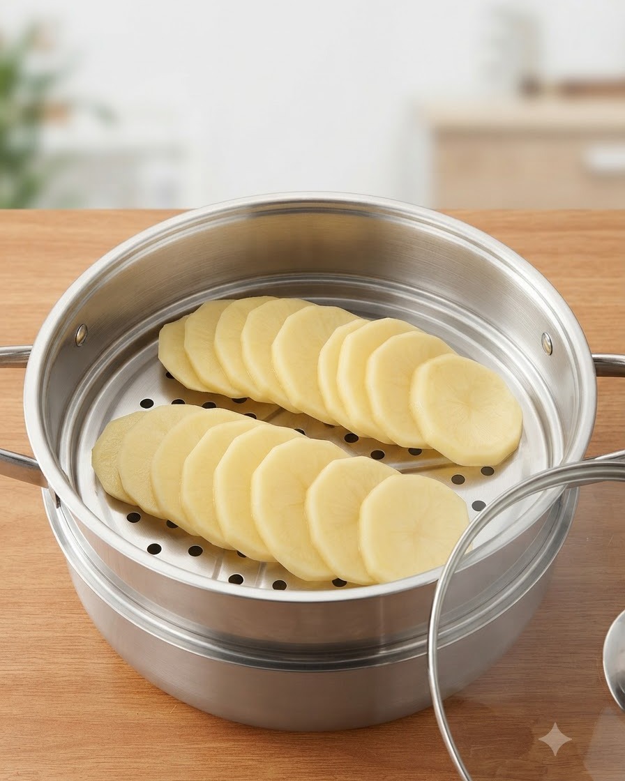 스테인리스 찜기 바스켓 안에 가지런히 놓인 두툼한 감자 조각들.