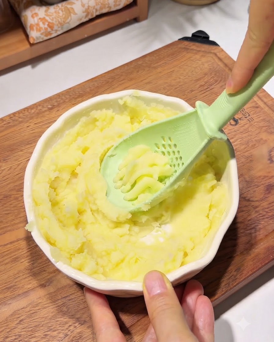 볼 안의 으깨진 감자에 도구를 이용해 전분 가루를 섞고 있는 모습.