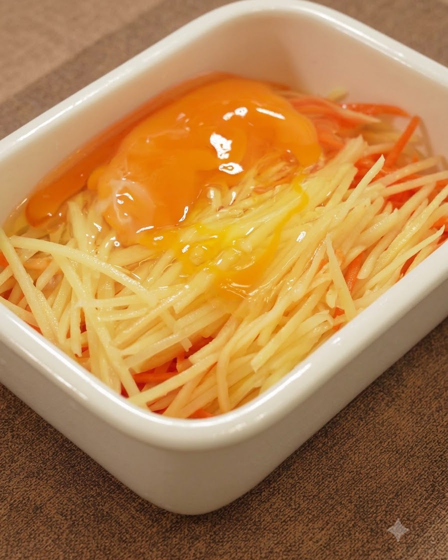 흰색 직사각형 용기 안의 채 썬 감자와 당근 위에 신선한 달걀이 깨어져 있는 모습.