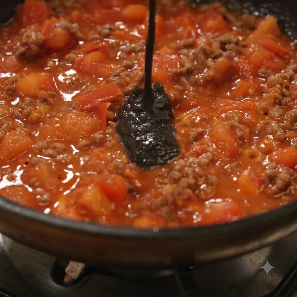 팬 안에서 끓고 있는 토마토 다진 고기 소스에 블랙 트러플 소스가 섞이고 있는 모습.