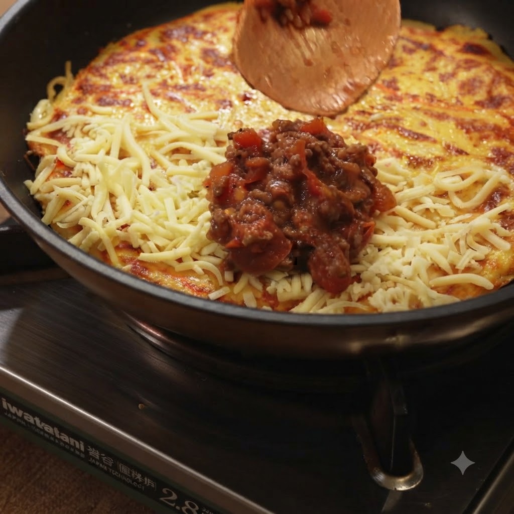 팬에 있는 감자전의 절반 부위에 채 썬 치즈와 토마토 미트 소스가 얹어져 있는 모습.