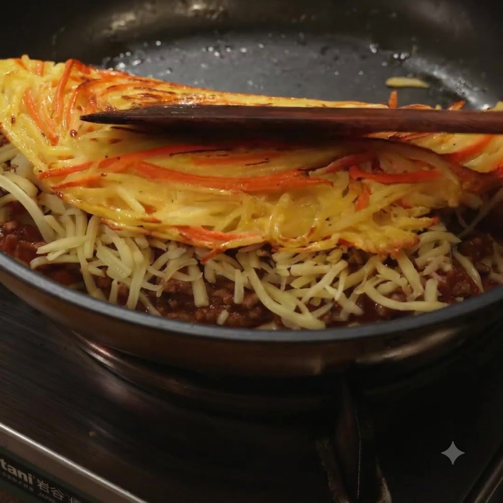 주걱을 이용해 미트 소스와 녹은 치즈 위로 노릇한 감자전을 반으로 접고 있는 모습.
