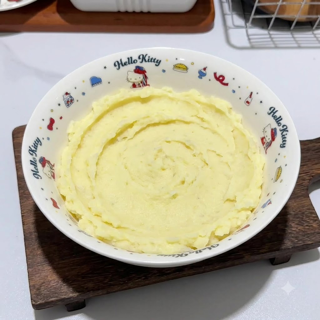 작은 하얀 접시에 담긴 잘게 썬 분홍색 햄 소시지 조각과 하얀 전분을 으깬 감자 볼에 넣는 모습.