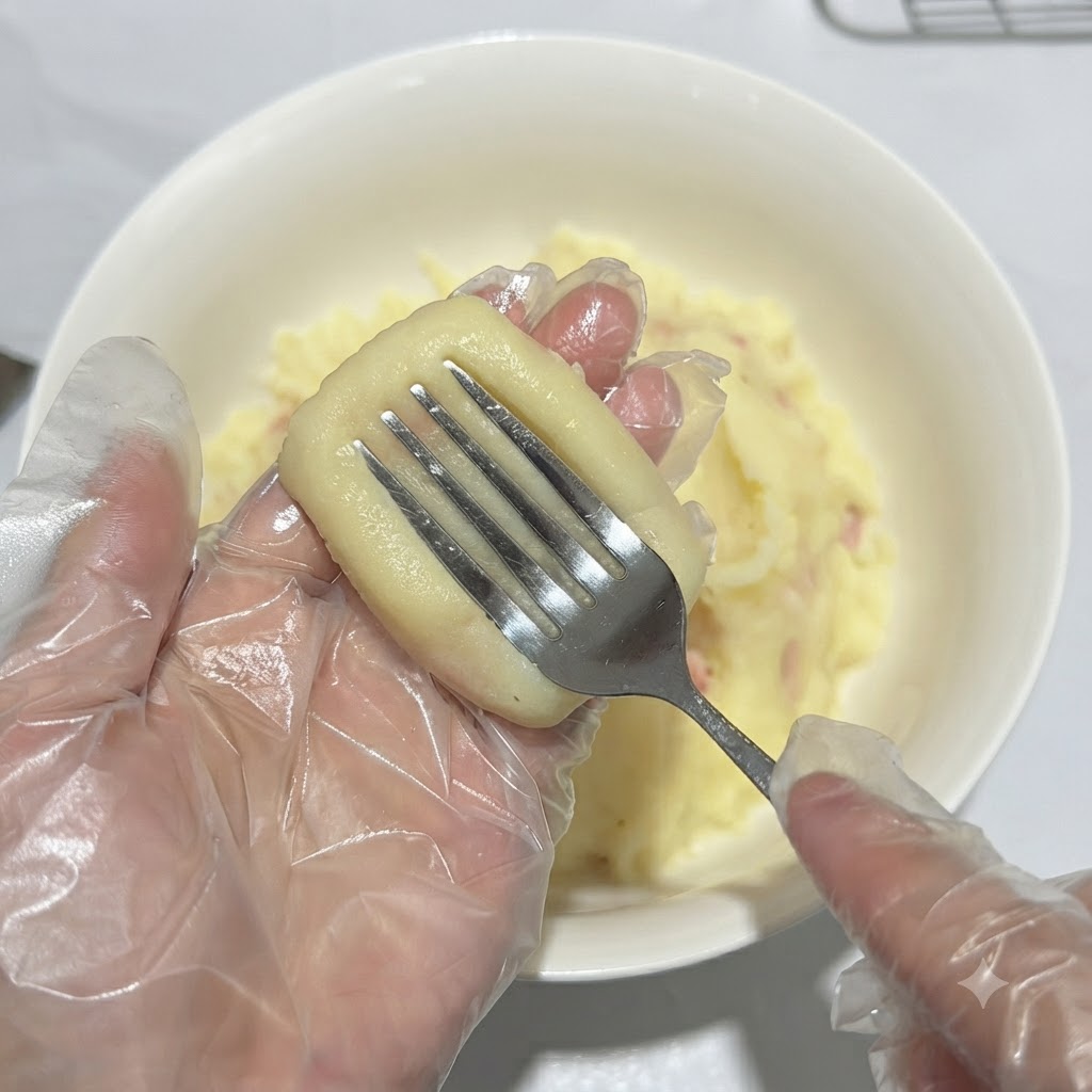 직사각형 감자 패티의 윗면에 포크를 살짝 눌러 줄무늬 자국을 내는 모습.