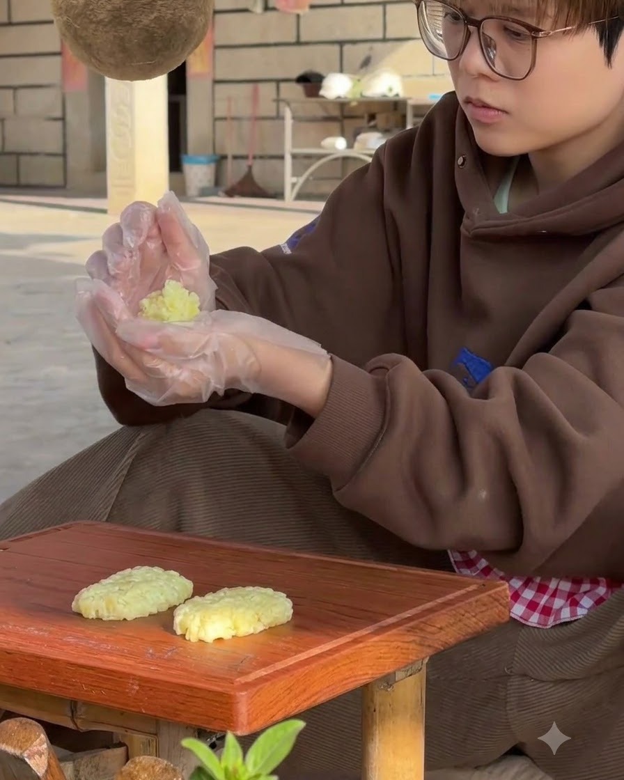 비닐장갑을 낀 사람이 완성된 패티들이 놓인 나무 도마 위에서 감자 패티 모양을 잡는 모습.